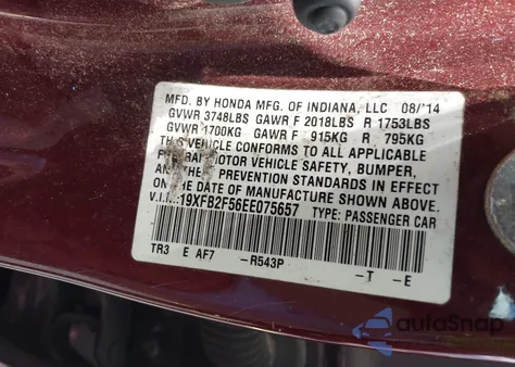 2014 Honda Civic Lx из США, поврежденный, VIN 19XFB2F56EE075657